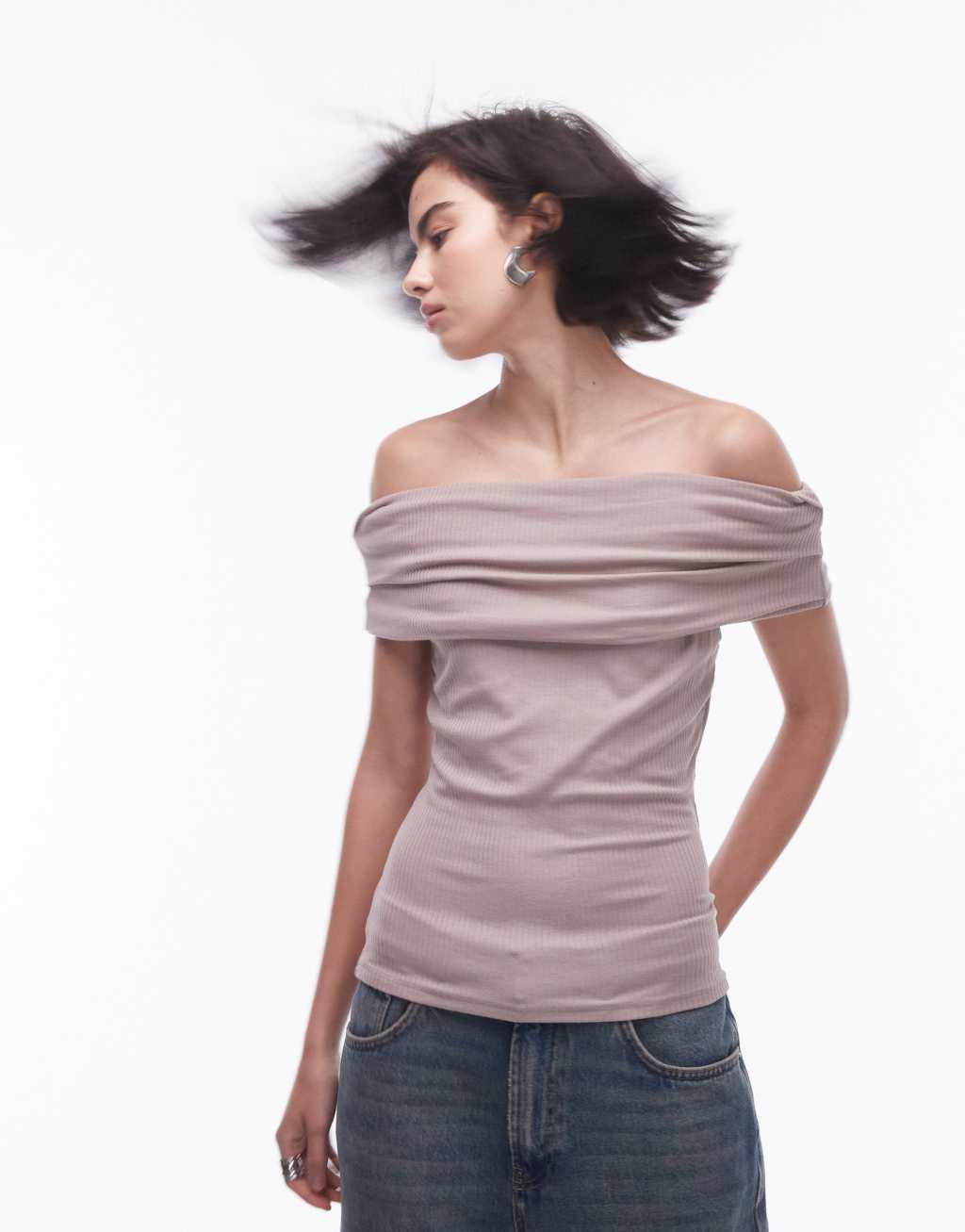 Topshop premium ribbed bardot top in washed pink Product Image