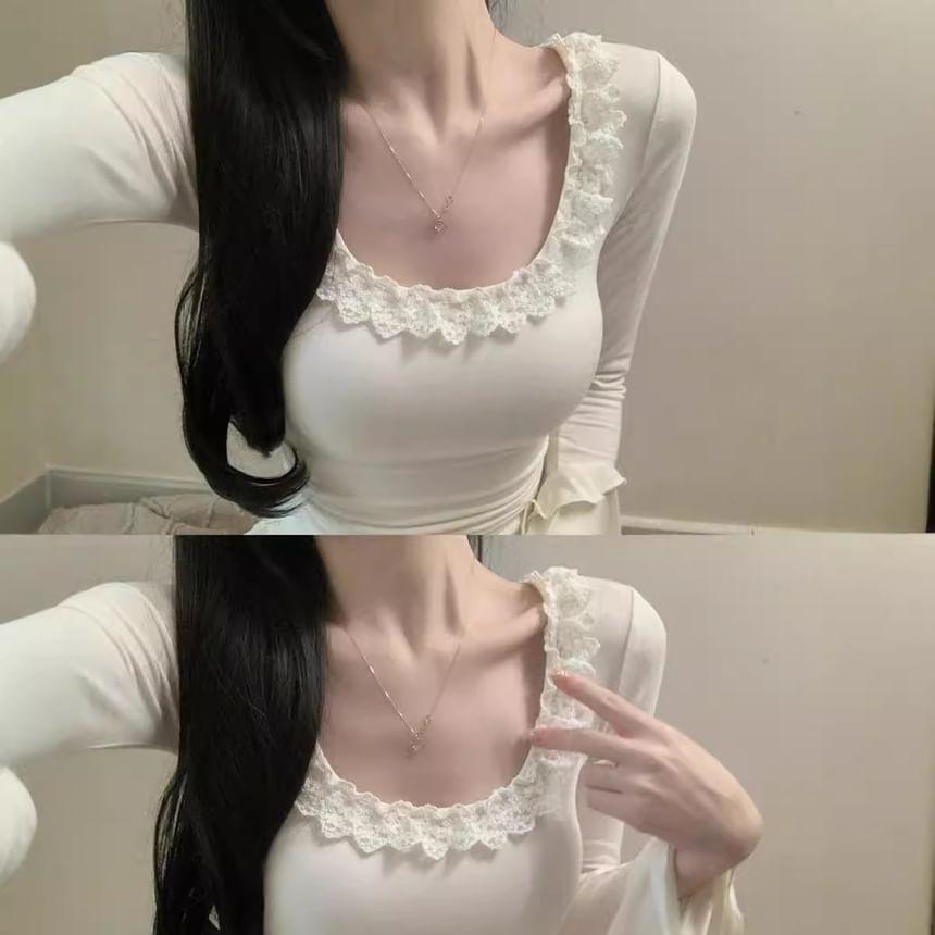 Long Sleeve Scoop Neck Plain Lace Trim Top Product Image