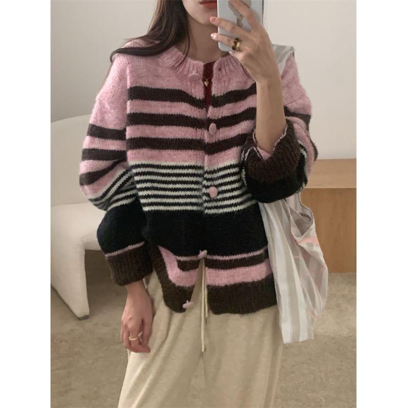 Round Neck Striped Cardigan Product Image