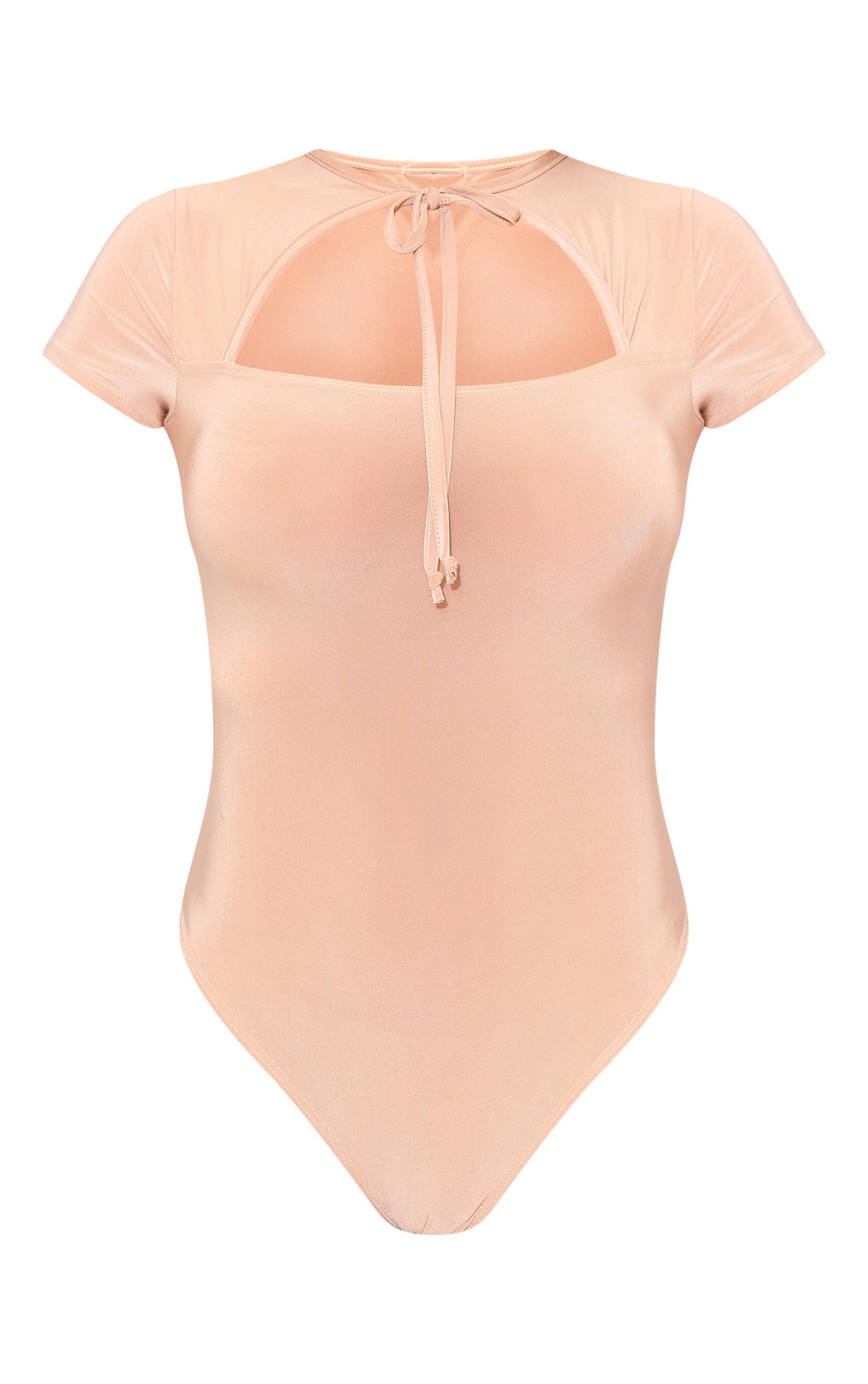 Stone Slinky Tie Front Cut Out Bodysuit Product Image