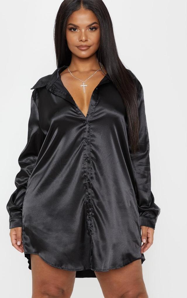 Plus Black Satin Button Front Shirt Dress Product Image