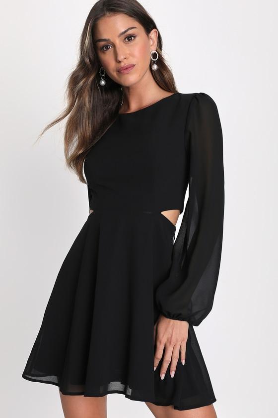 Garden Bliss Black Long Sleeve Cutout Mini Dress Product Image