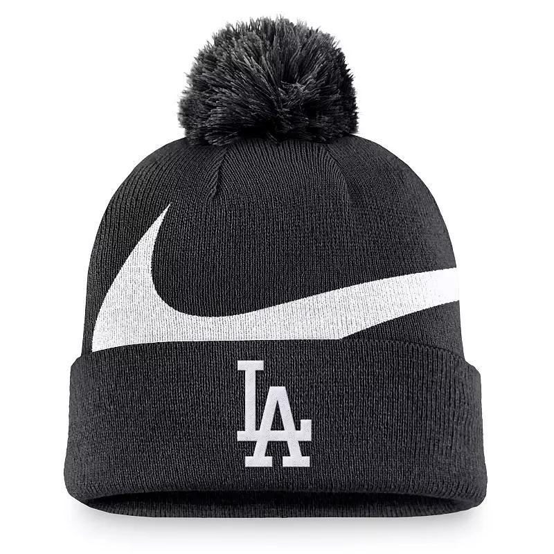 Mens Nike Los Angeles Dodgers Swoosh Peak Cuffed Knit Hat with Pom Product Image