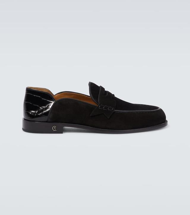 CHRISTIAN LOUBOUTIN Penny No Back Suede And Croc-effect Loafers In Black Product Image