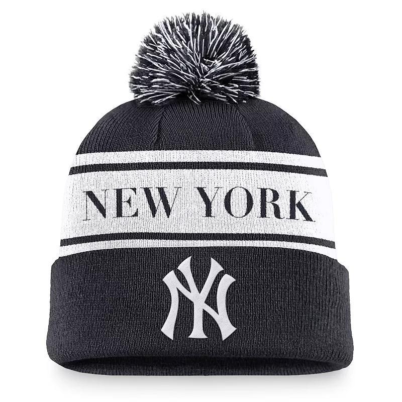 Mens Nike New York Yankees Team Stripe Peak Cuffed Knit Hat with Pom, Blue Product Image