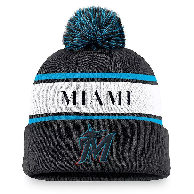 Mens Nike Miami Marlins Team Stripe Peak Cuffed Knit Hat with Pom Product Image