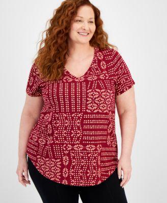 JM Collection Plus Size Patchwork Paradise Short Sleeve Top, Created for Macy's Product Image