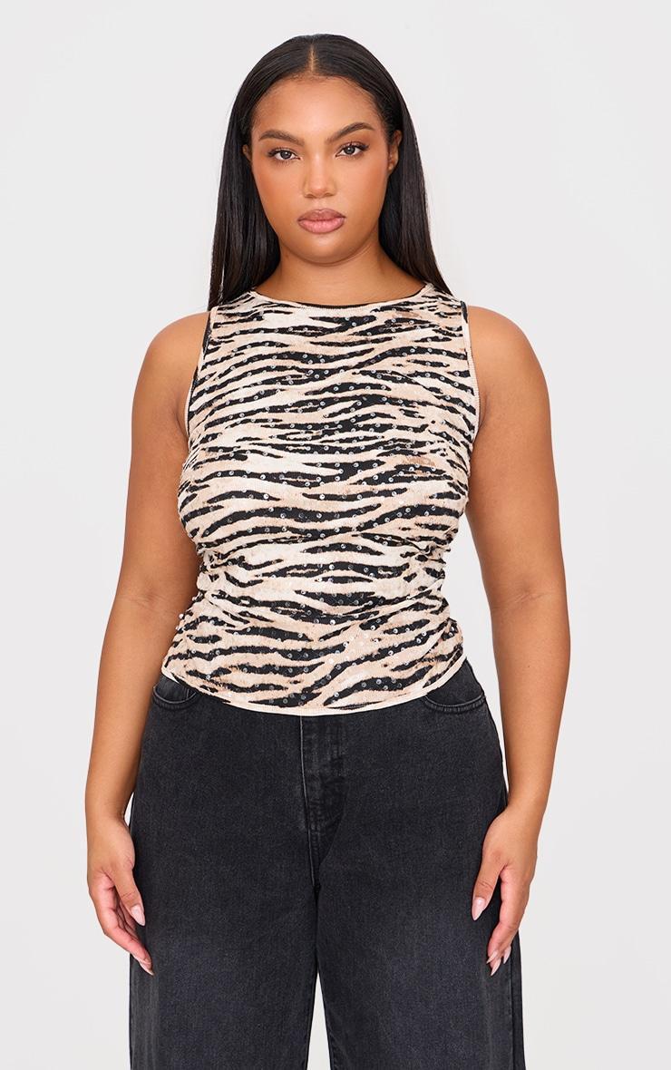 Plus Black Sheer Sequin Zebra Printed Cut Out Long Vest Top Product Image