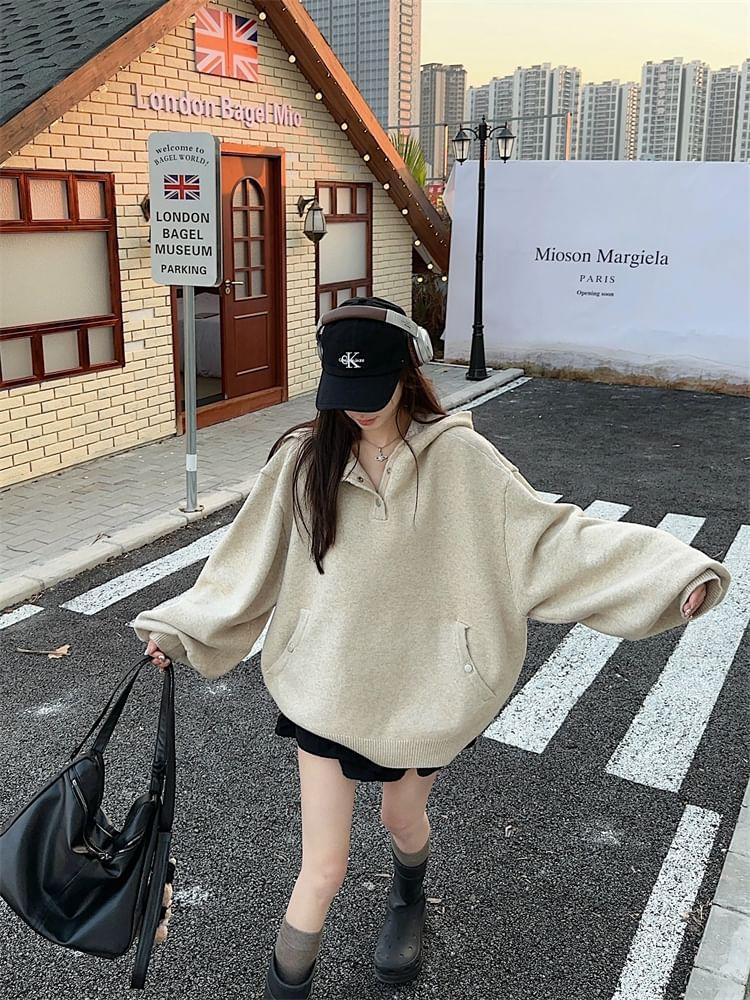 Henley Plain Hooded Oversized Sweater Product Image