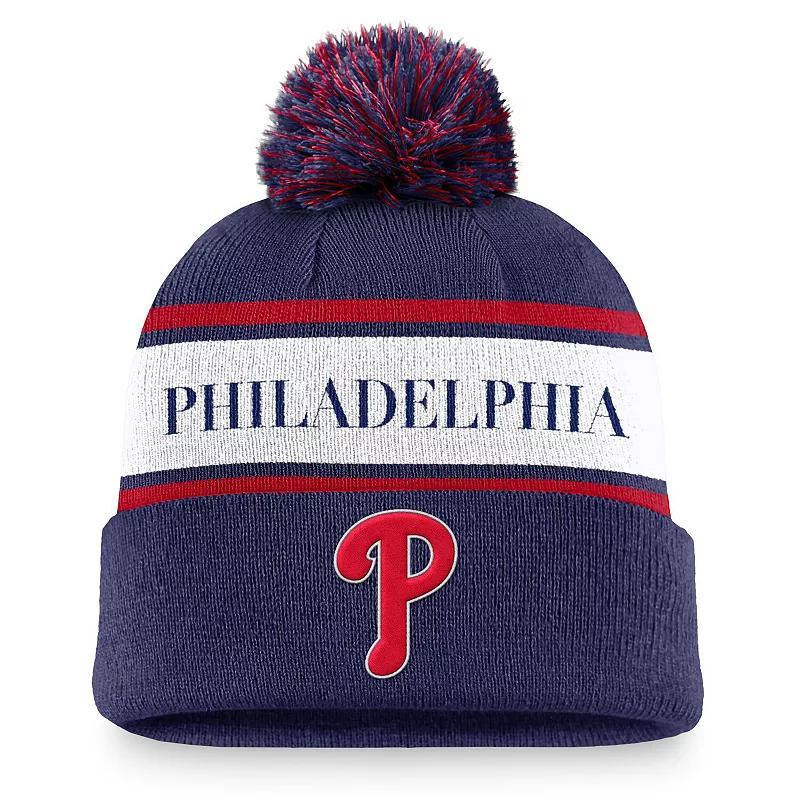 Philadelphia Phillies Team Stripe Peak Nike Mens MLB Cuffed Pom Beanie Product Image