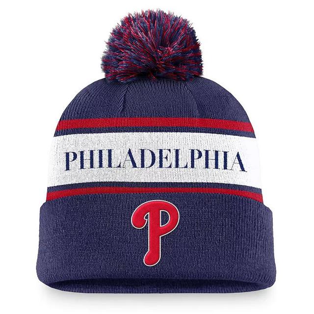 Mens Nike Philadelphia Phillies Team Stripe Peak Cuffed Knit Hat with Pom, Blue Product Image