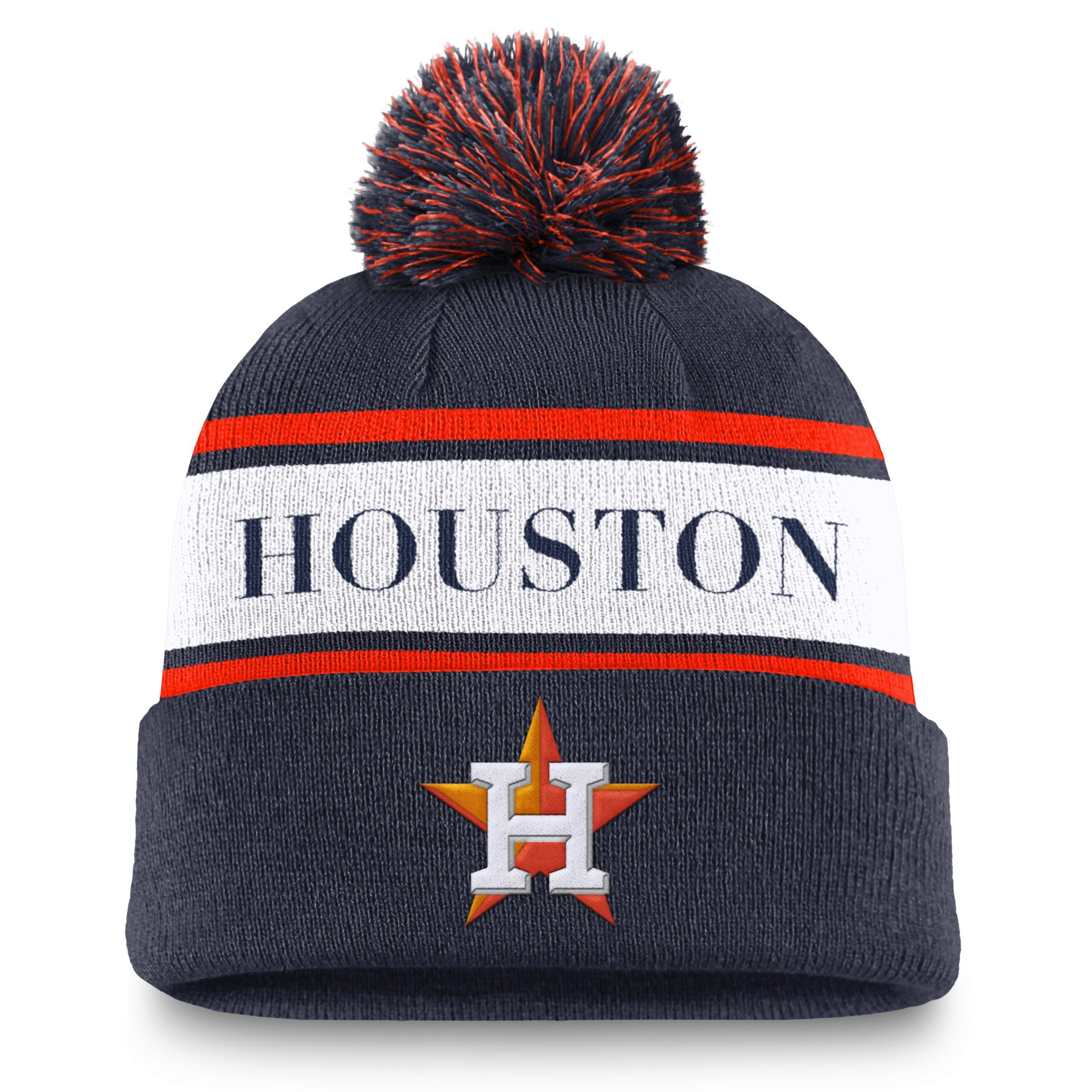 Mens Nike Houston Astros Team Stripe Peak Cuffed Knit Hat with Pom, Blue Product Image