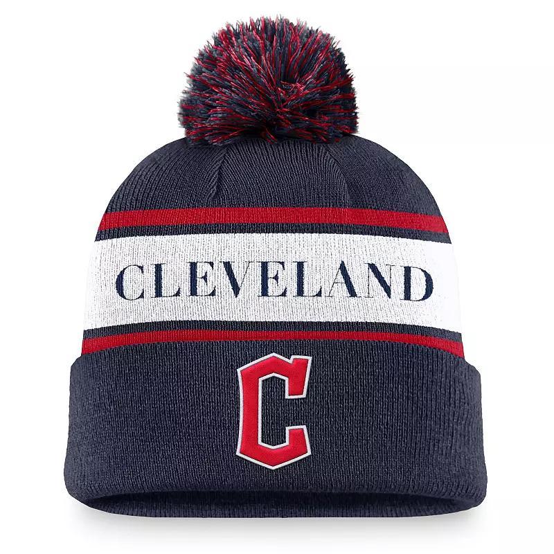 Mens Nike Navy Cleveland Guardians Team Stripe Peak Cuffed Knit Hat with Pom, Grd Blue Product Image