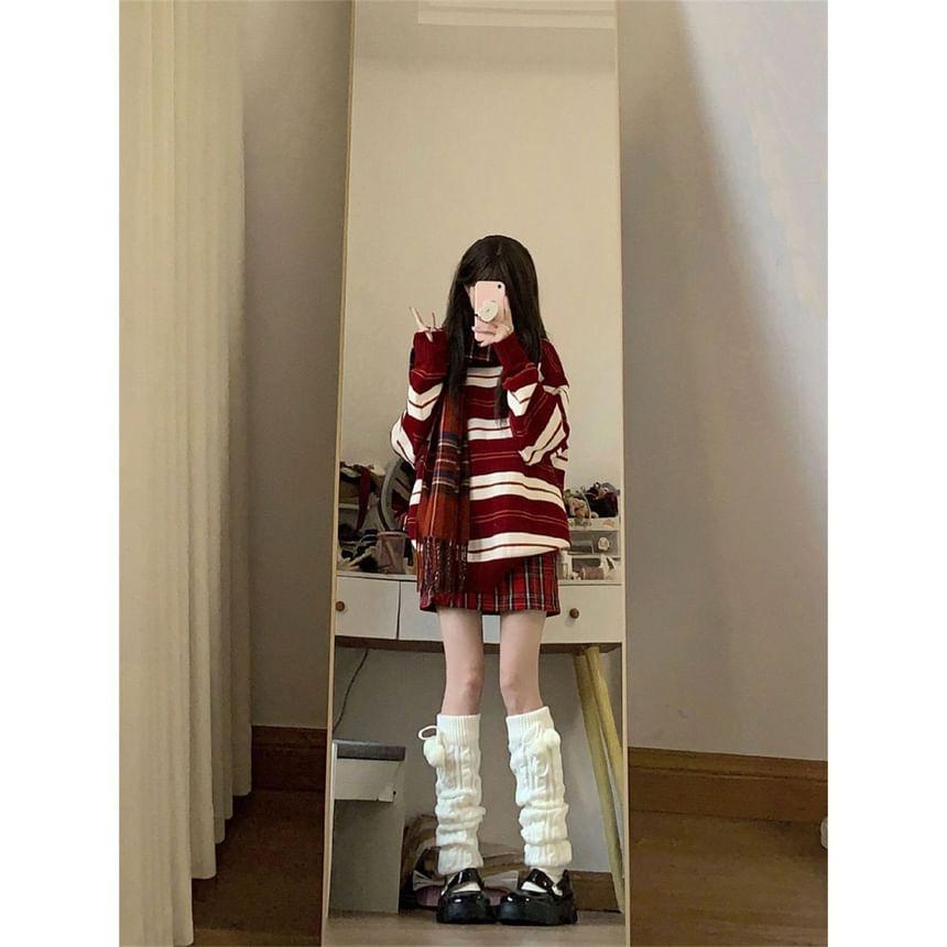 Round Neck Striped Sweater / High Rise Plaid Mini A-Line Skirt / Fringed Scarf / Set Product Image