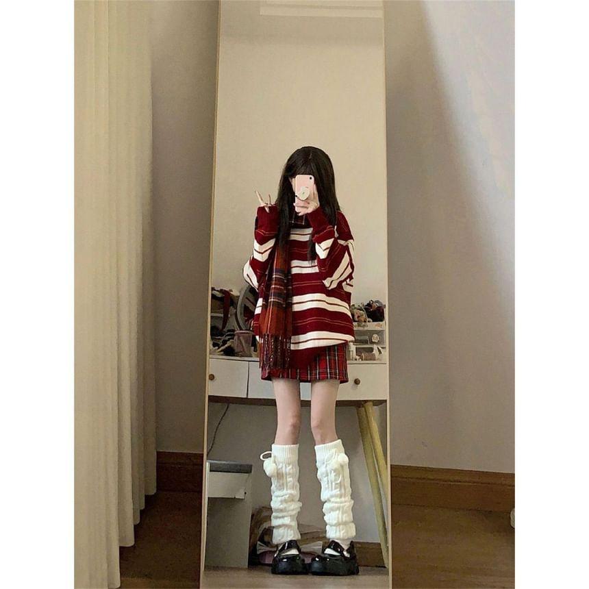 Round Neck Striped Sweater / High Rise Plaid Mini A-Line Skirt / Fringed Scarf / Set Product Image