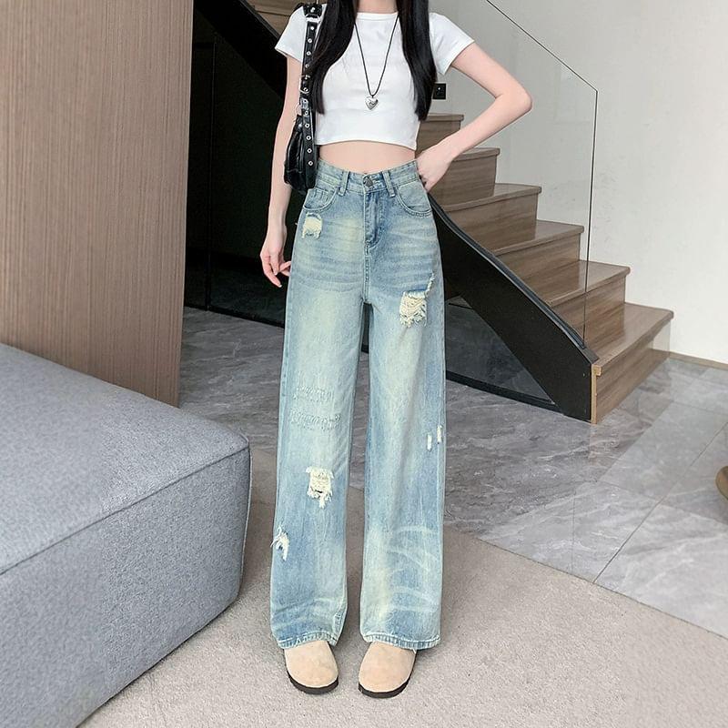 High Rise Washed Distressed Straight-Fit Wide-Leg Jeans Product Image