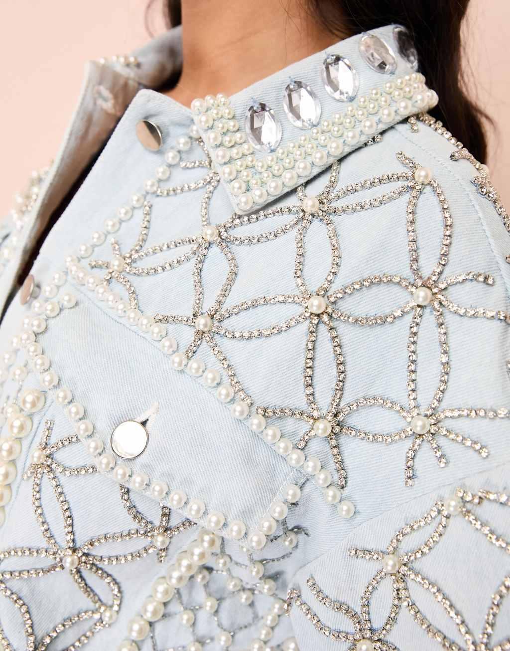 ASOS LUXE premium embellished denim jacket with encrusted diamante and pearl detail Product Image