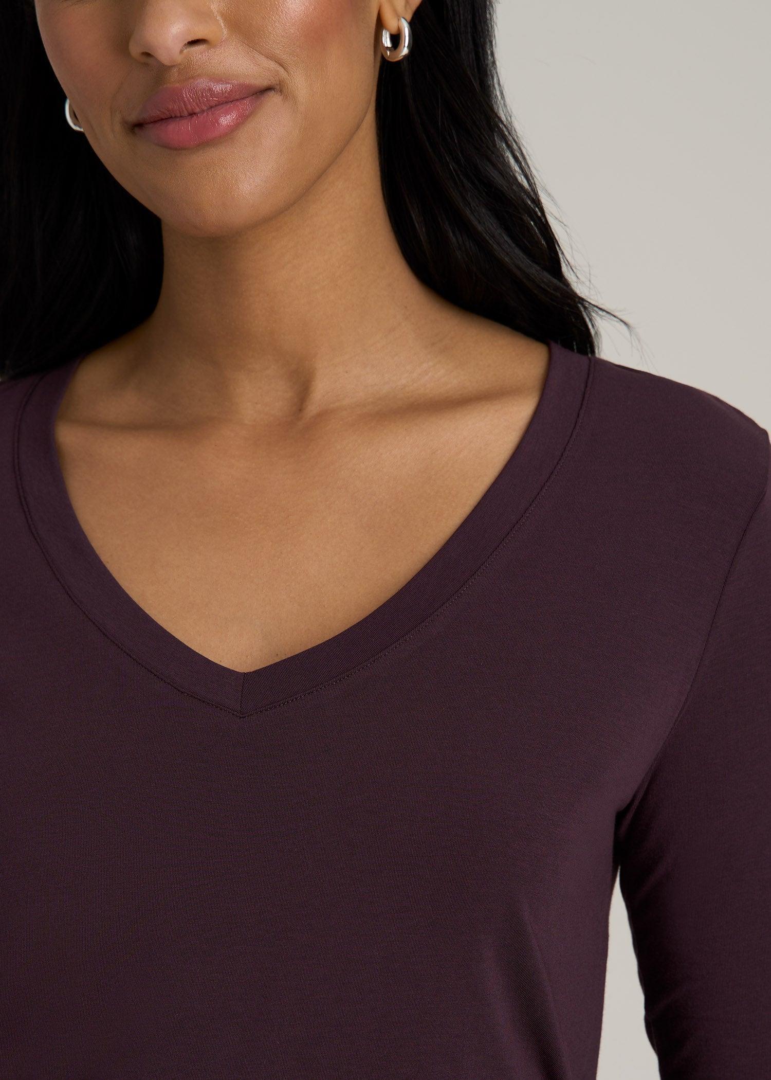 Long Sleeve Scoop V-Neck Tee Shirt for Tall Women in Deep Purple Female Product Image