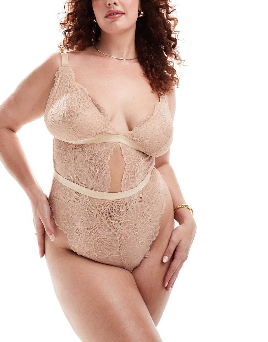 ASOS DESIGN Curve Sienna lace soft bodysuit in beige Product Image