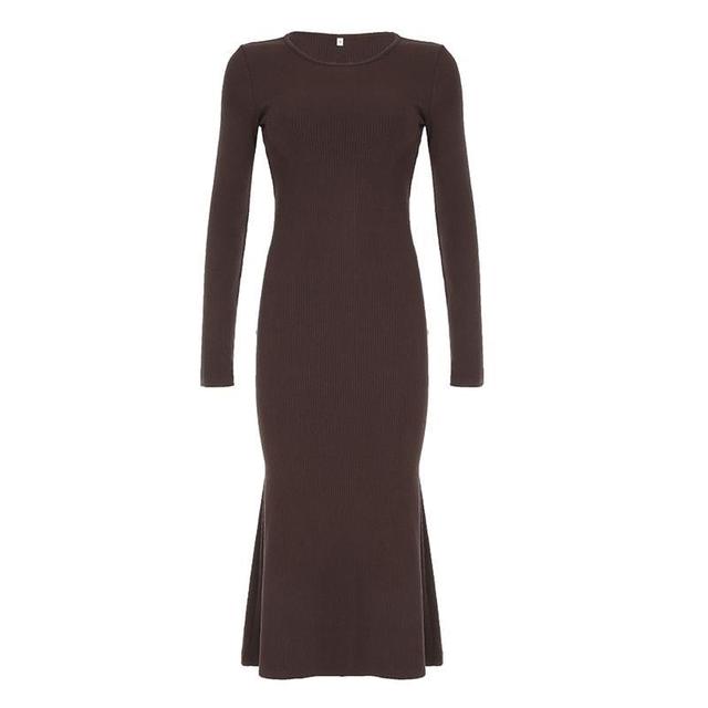 Long-Sleeve Crew Neck Plain Maxi Sheath Dress Product Image