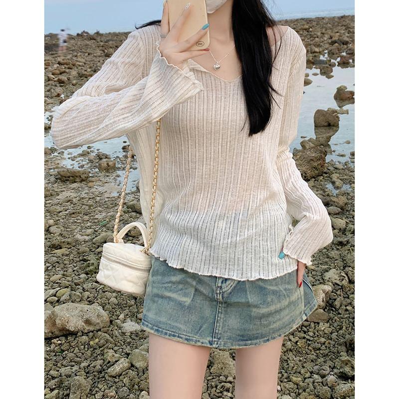 Long Sleeve V-Neck Plain See-Through Ruffle Trim T-Shirt Product Image