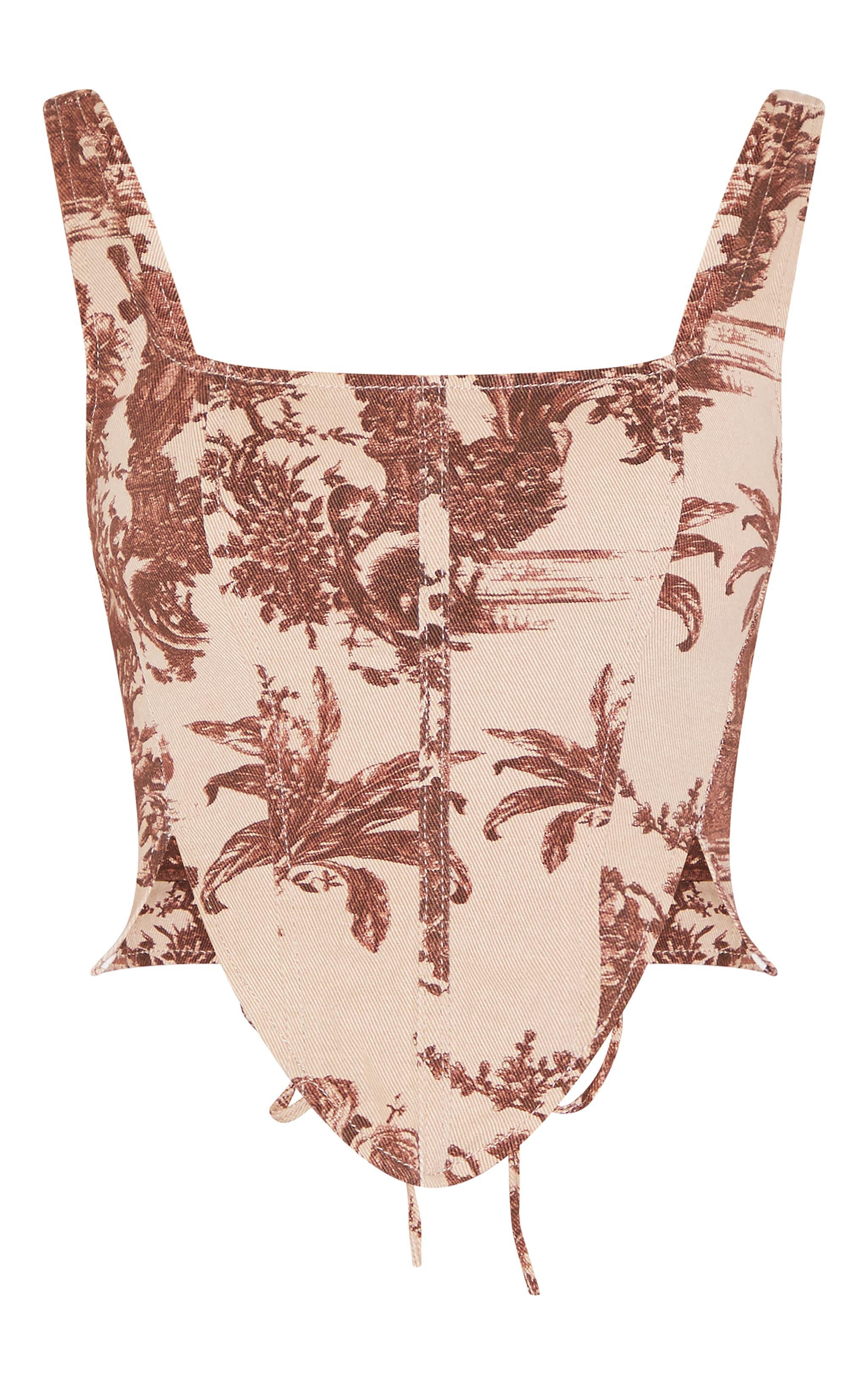 Brown Renaissance Inspired Print Dip Front Denim Corset Top Product Image