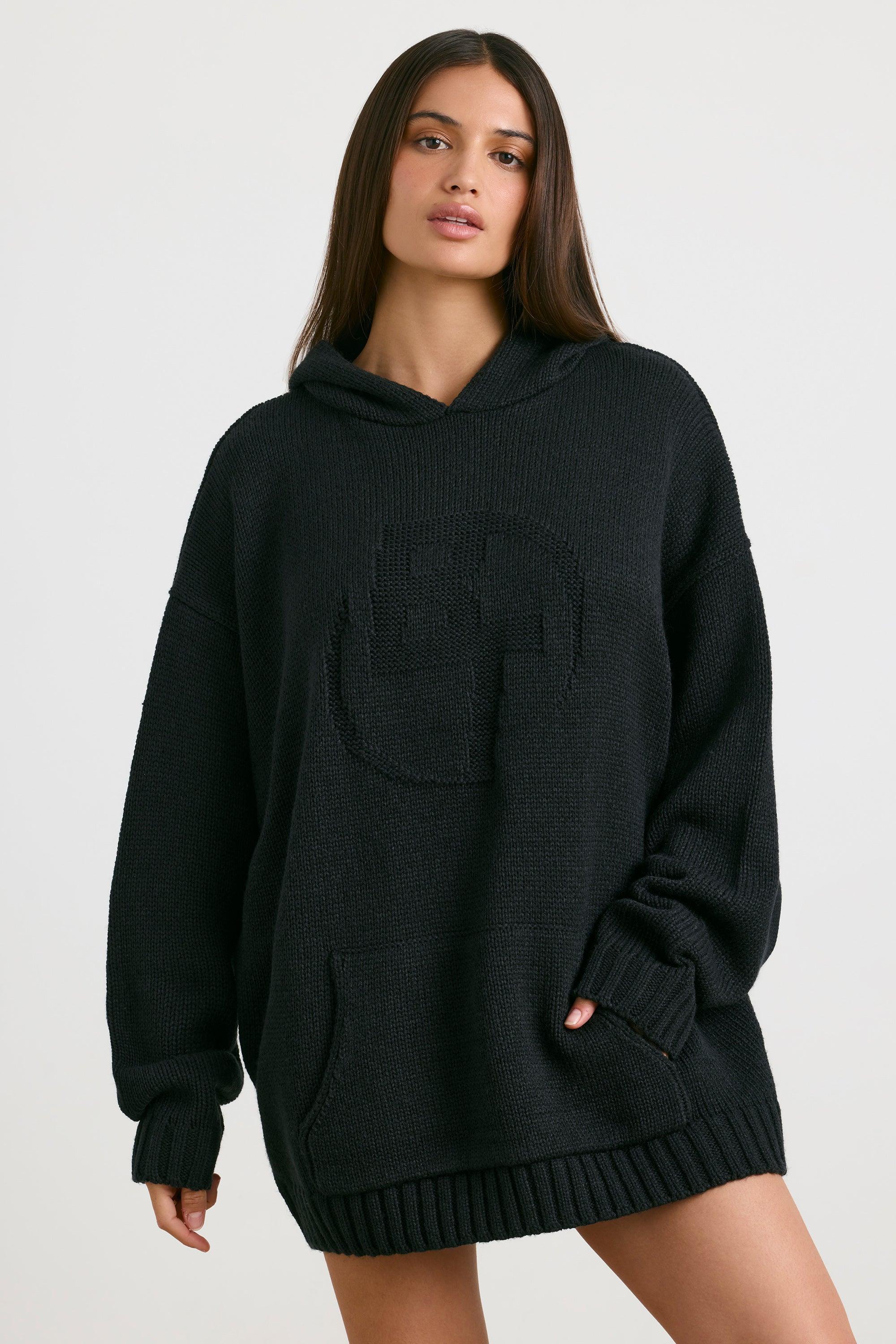 Oversized Chunky Knit Hoodie in Black Product Image