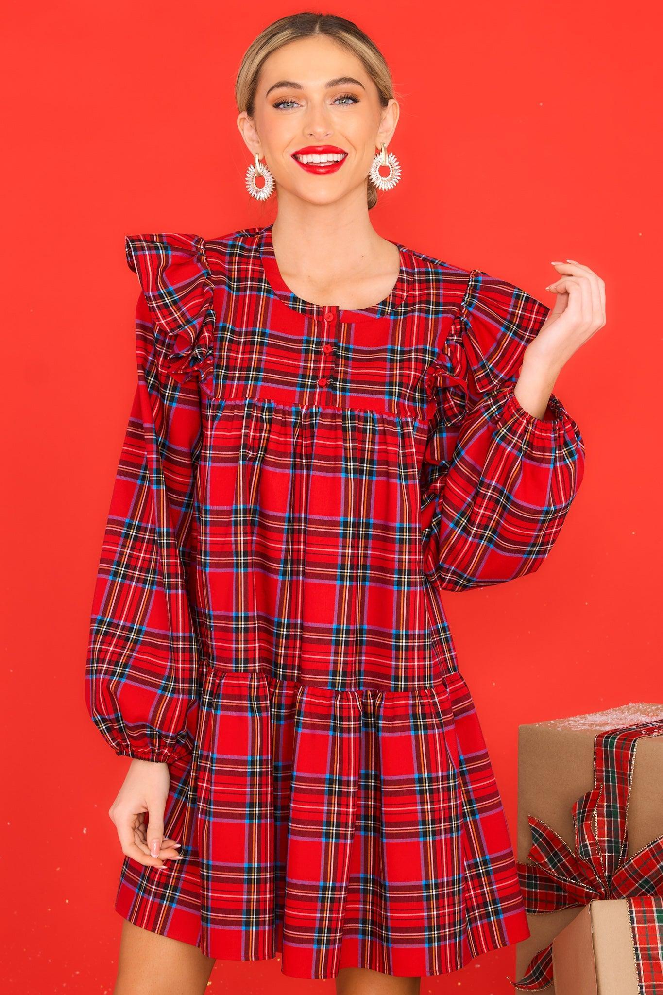 Aura Yuletide Elegance Red Plaid Dress Product Image