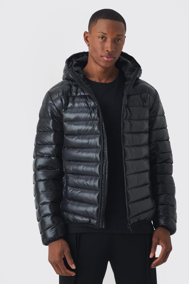 High Shine Quilted Hooded Jacket In Black | boohooMAN USA Product Image