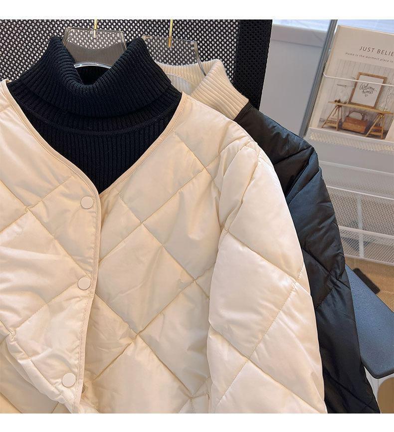 V-Neck Quilted Button-Up Jacket Product Image