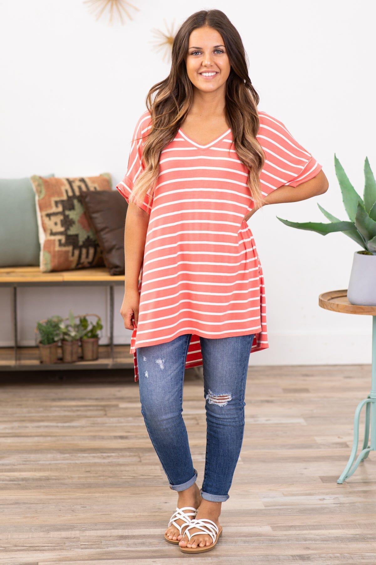 Coral and Off White Stripe V-Neck Top Product Image