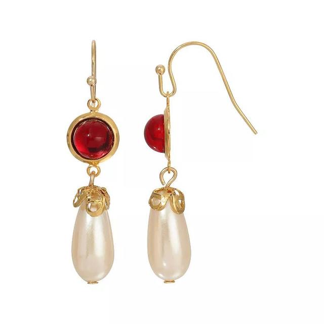 1928 Gold Tone Color Drop Faux Pearl Earrings, Womens, Red Product Image