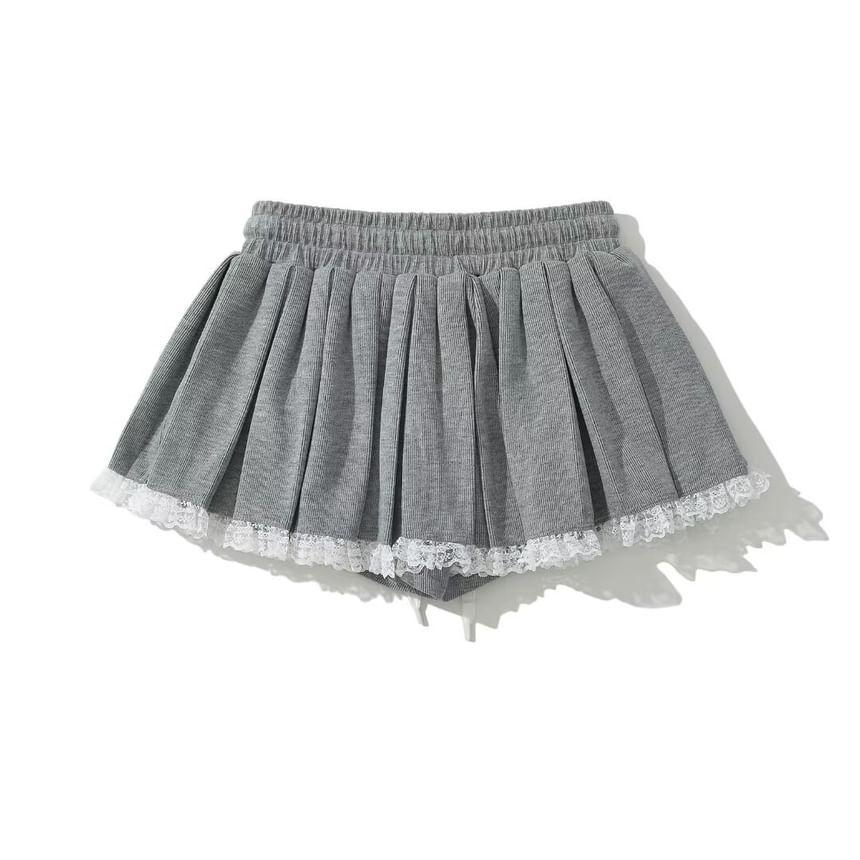 Long-Sleeve Square-Neck Lace Trim Bow Tee / High Waist Pleated Mini A-Line Skirt Product Image