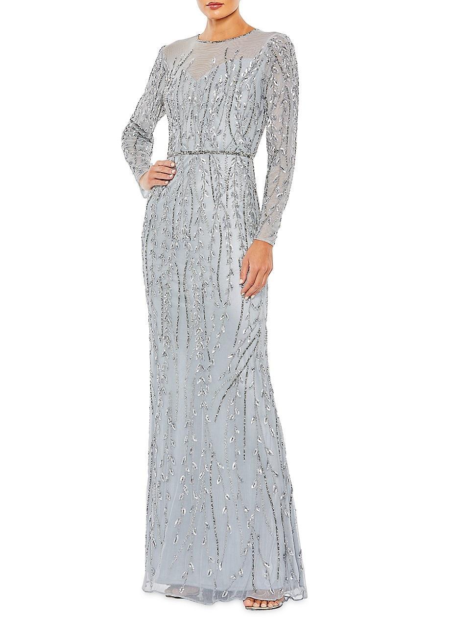 Womens Embellished Illusion High Neck Long Sleeve Gown Product Image