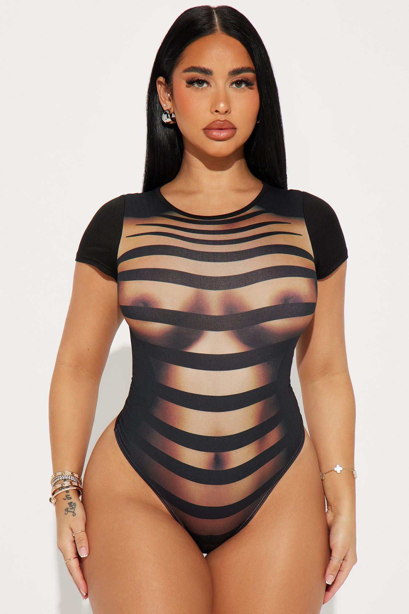 Hot And Seductive Short Sleeve Bodysuit - Brown/combo Product Image