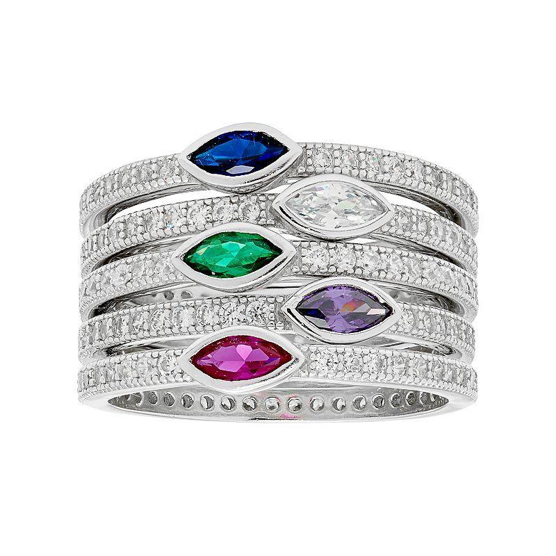 Sterling Silver Lab-Created Blue & Green Spinel & Cubic Zirconia Stack Ring Set, Womens Multicolor Product Image