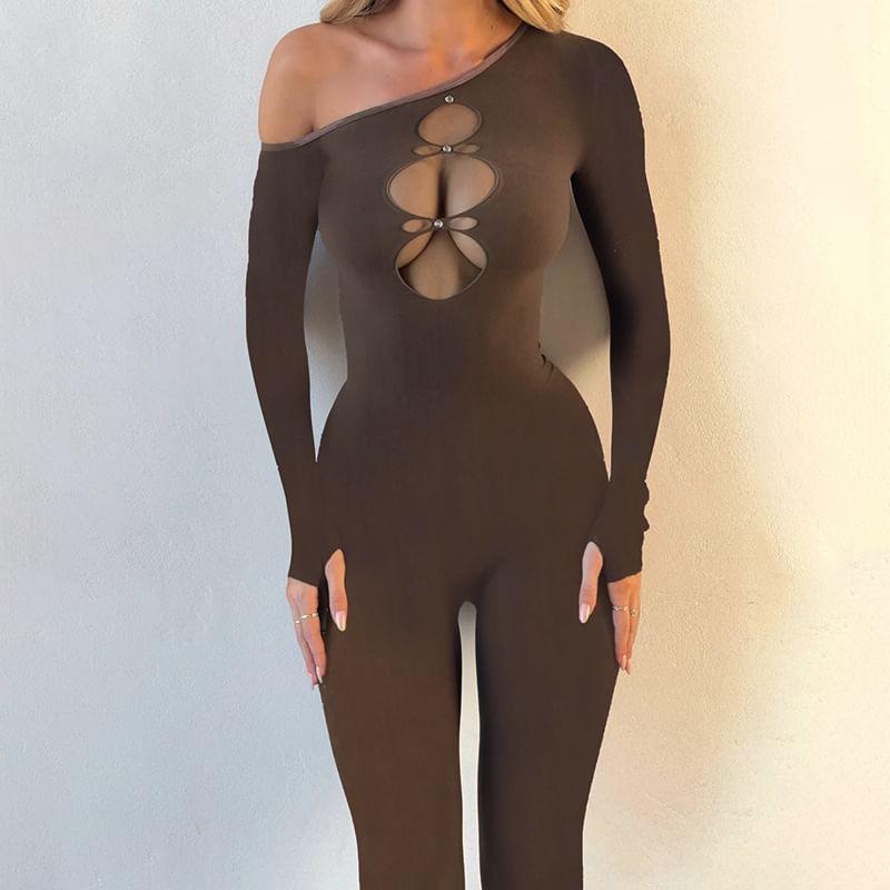 Long Sleeve One Shoulder Plain Cutout Skinny Jumpsuit Product Image