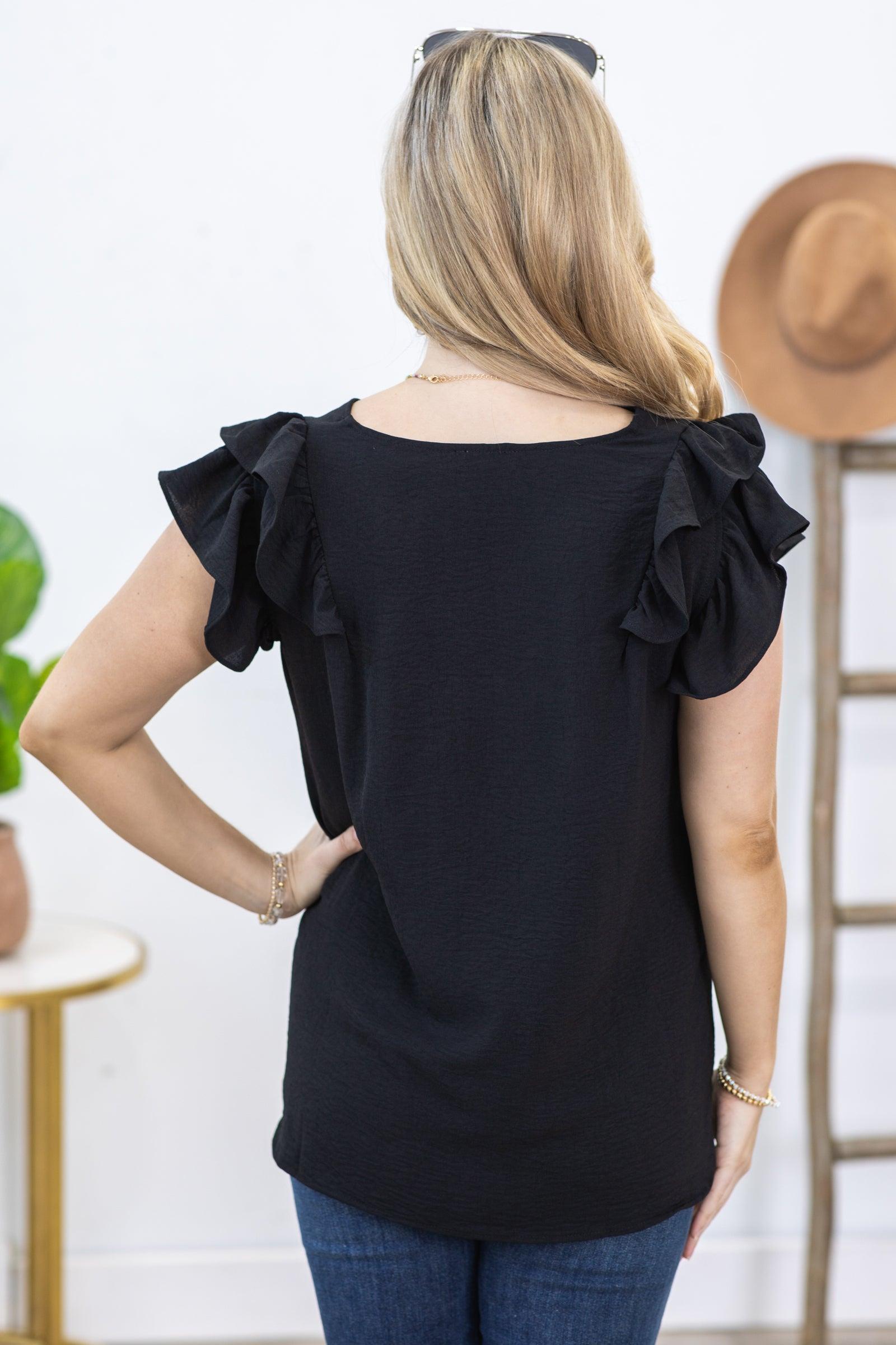 Black V-Neck Airflow Ruffle Detail Top Product Image