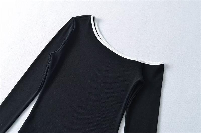 Long Sleeve One Shoulder Contrast Trim Top Product Image