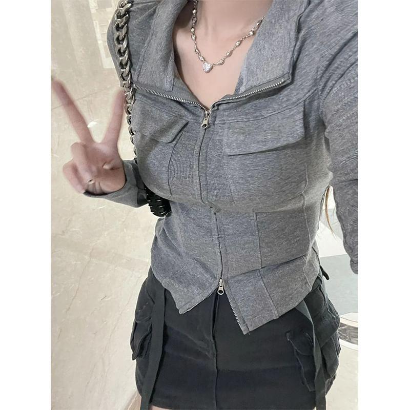 Stand Collar Plain Flap Pocket Zip Jacket Product Image