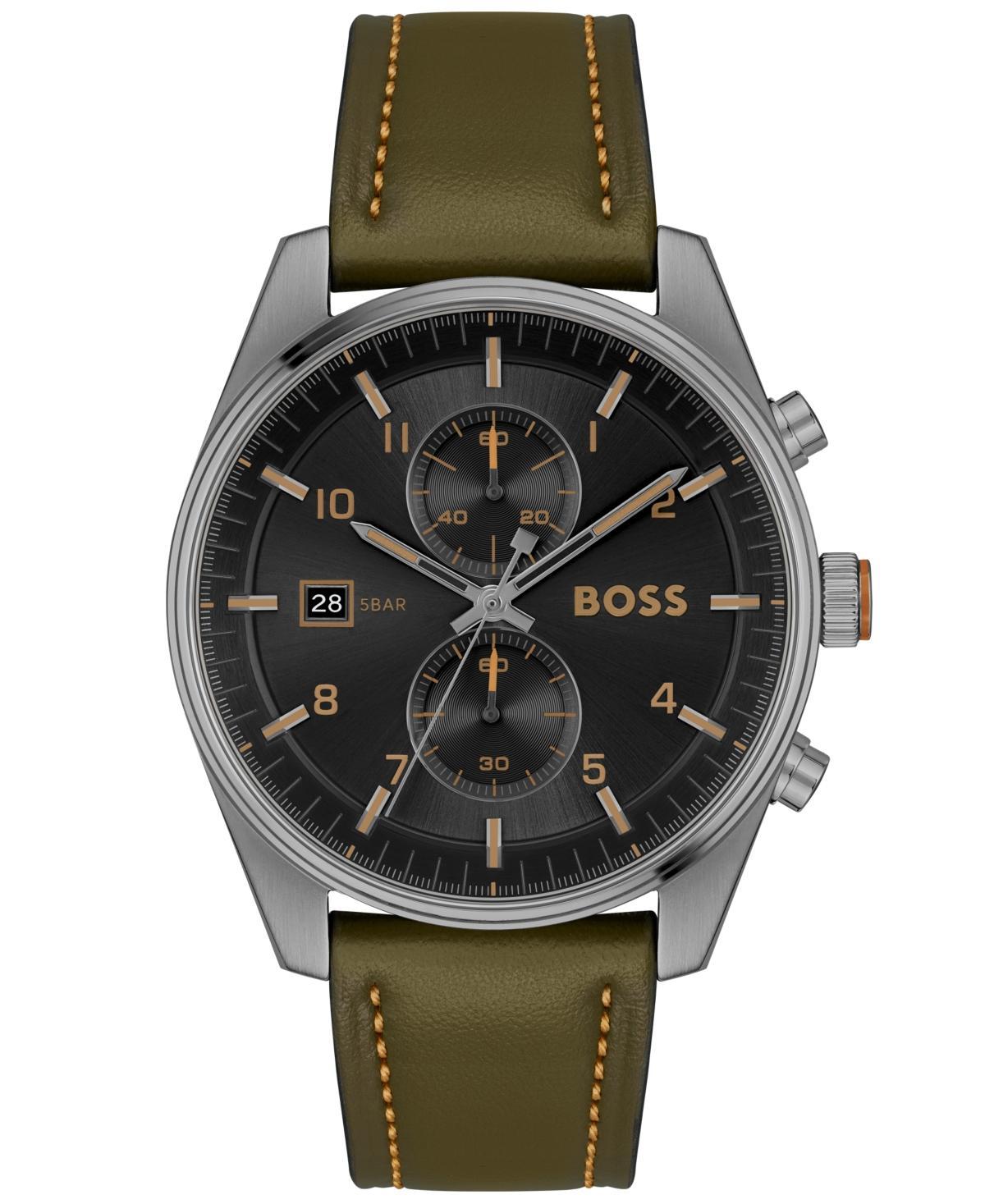 Hugo Boss Mens Skytraveller Quartz Chronograph Green Leather Strap Watch Product Image