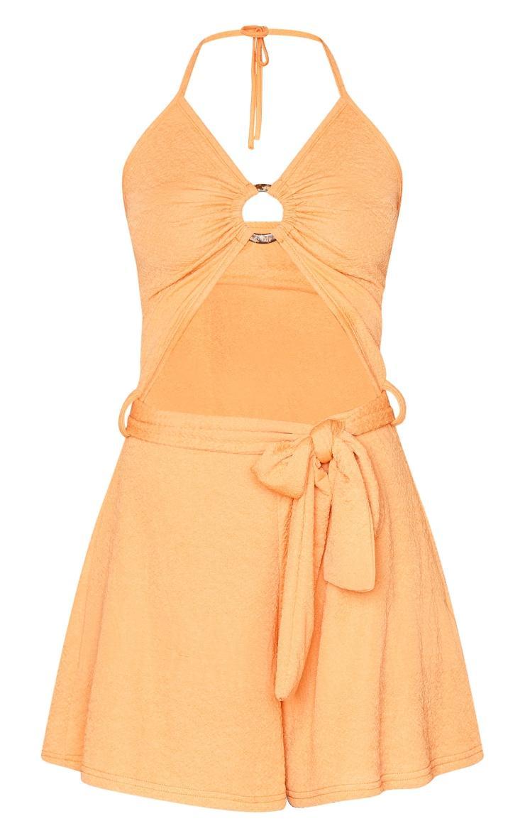 Orange Textured Ring Detail Halter Tie Waist Romper Product Image