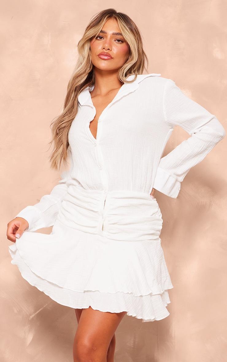 White Oversized Shirt Frill Detail Shift Dress product image