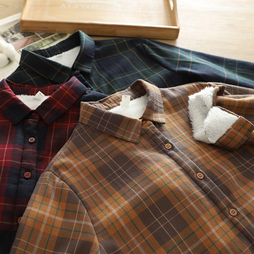 Long Sleeve Lapel Collar Plaid Button Shirt Product Image