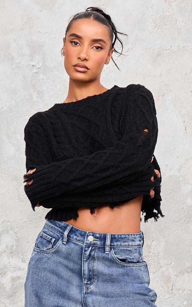 Black Distressed Cable Knit Button Detail Cropped Jumper Product Image