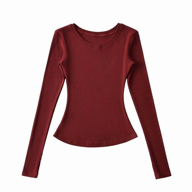 Long-Sleeve Round Neck Plain Slim Fit Tee Product Image