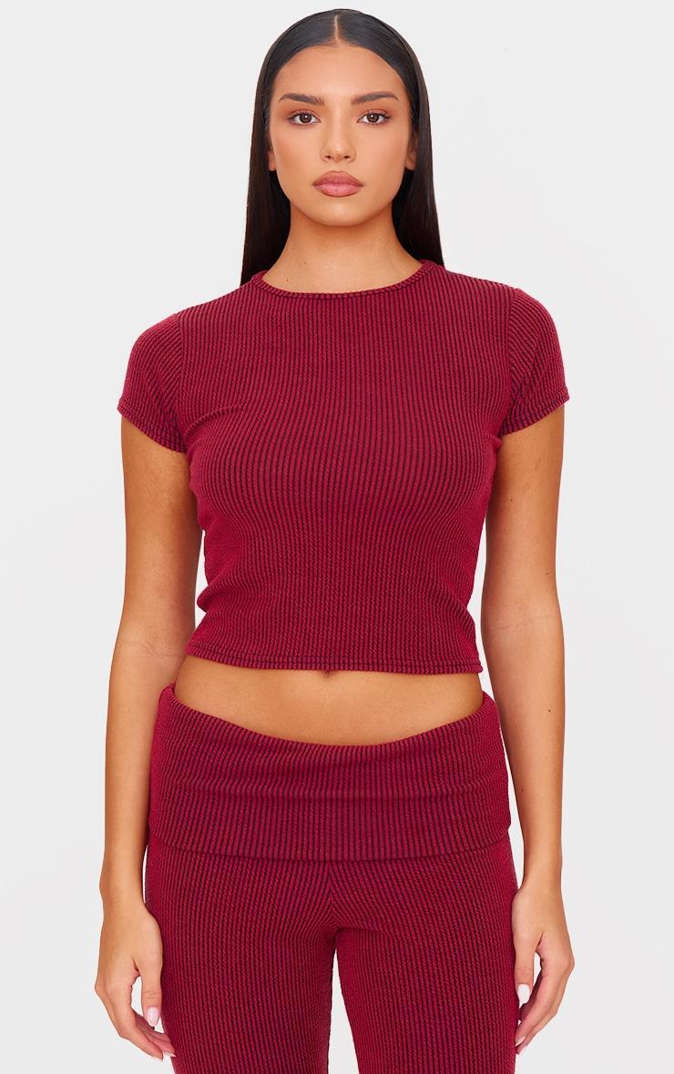 Burgundy Two Tone Crinkle Rib T-shirt Product Image