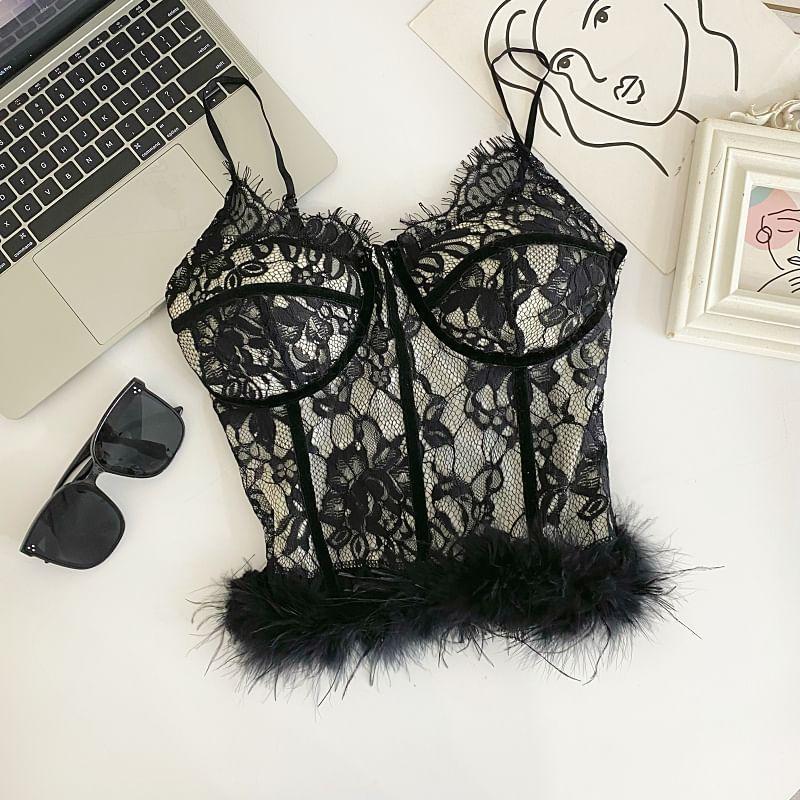 V-Neck Lace Trim Fluffy Hem Bustier Top Product Image