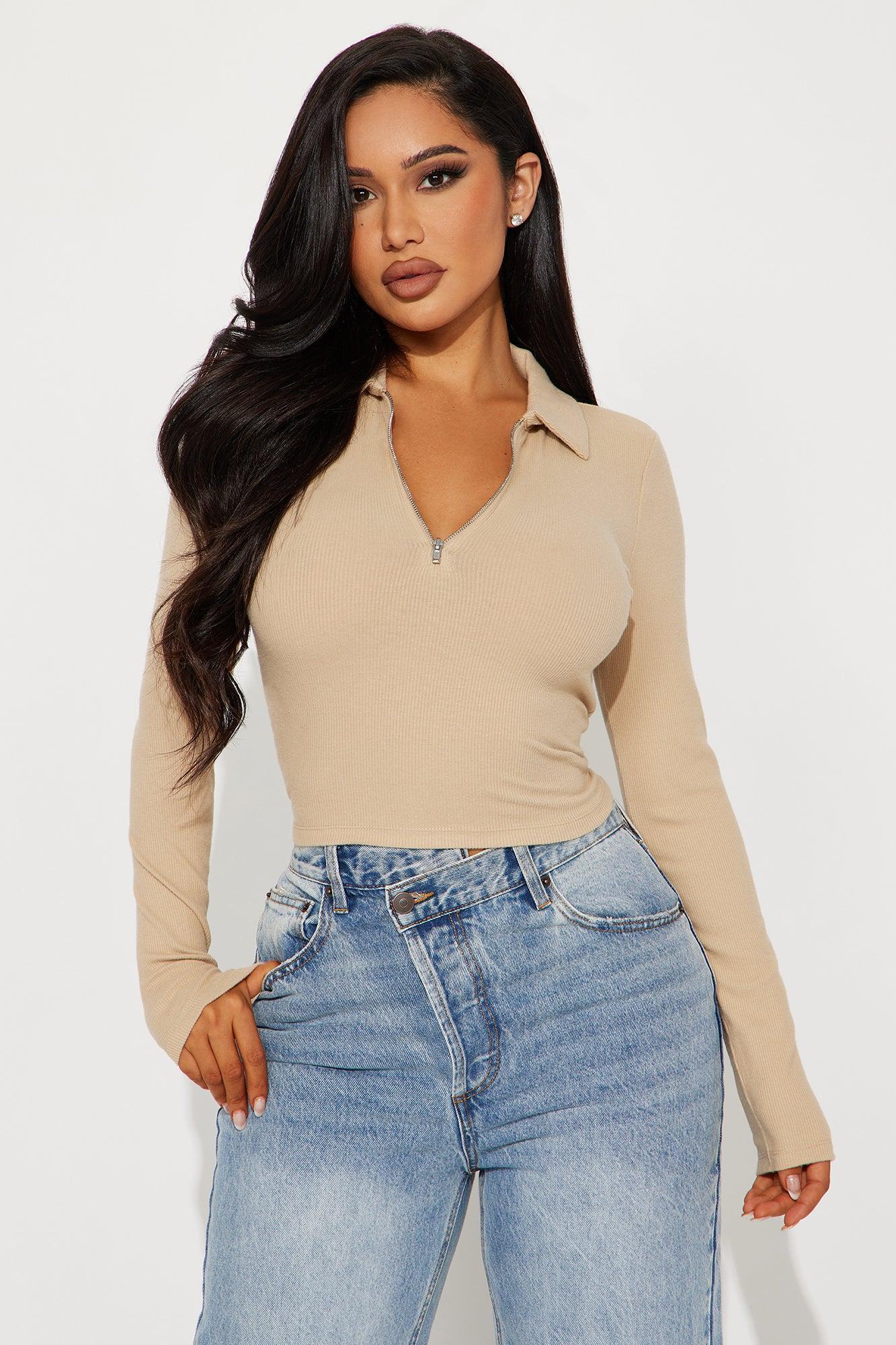 Camila Collared Ribbed Top - Sand Product Image