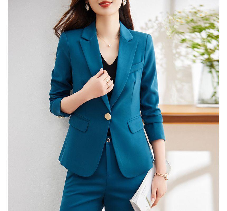 Plain One Buttoned Blazer / High Rise Straight Leg Suit Pants / Set Product Image